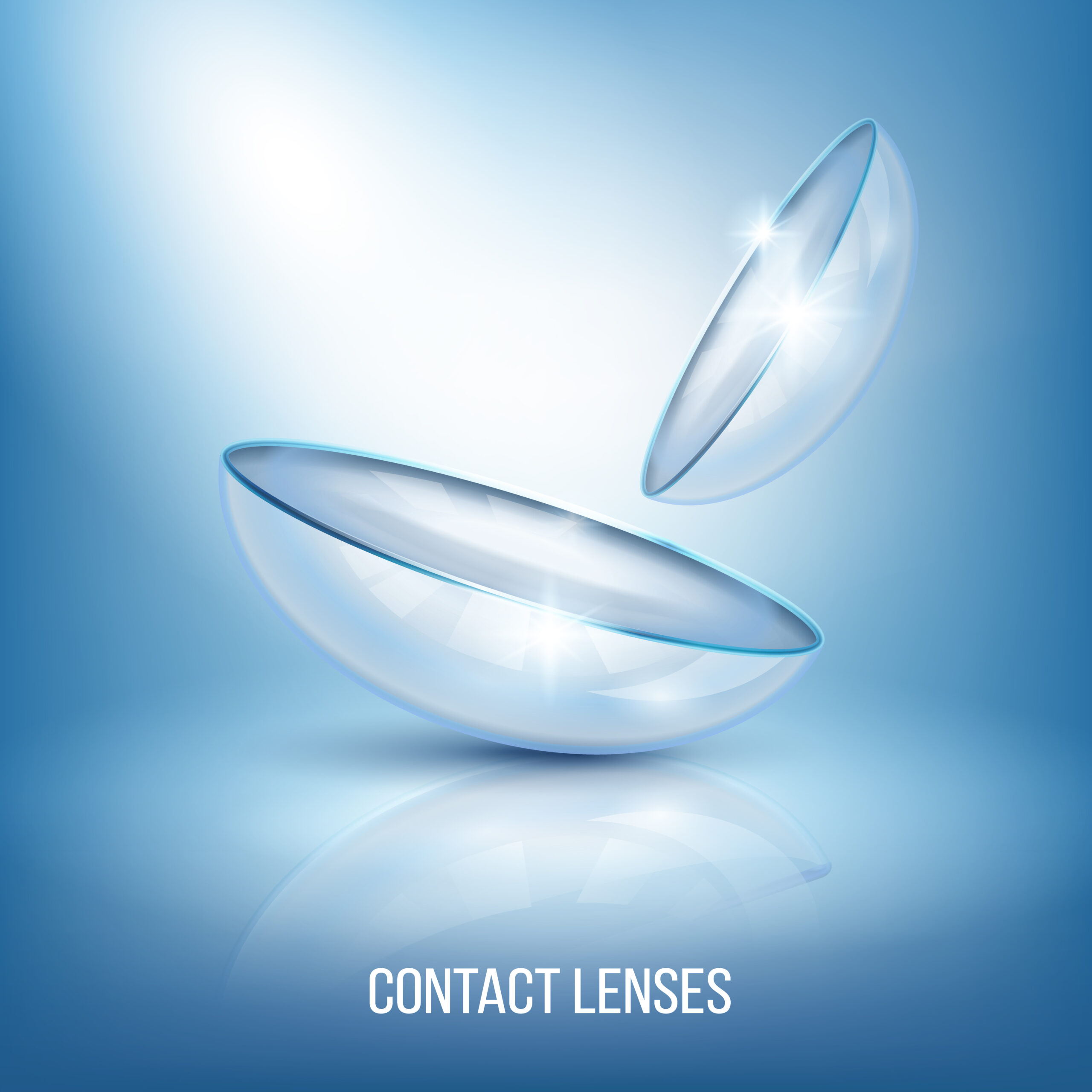 Realistic glossy eye lenses with reflection, composition on blue background with illumination vector illustration
